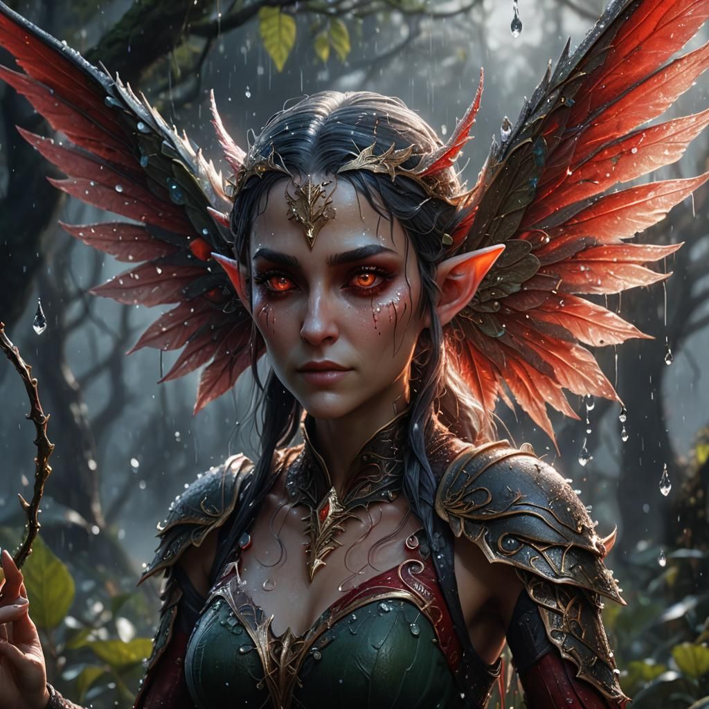 Winged Elf with Red Eyes in Detailed Matte Painting