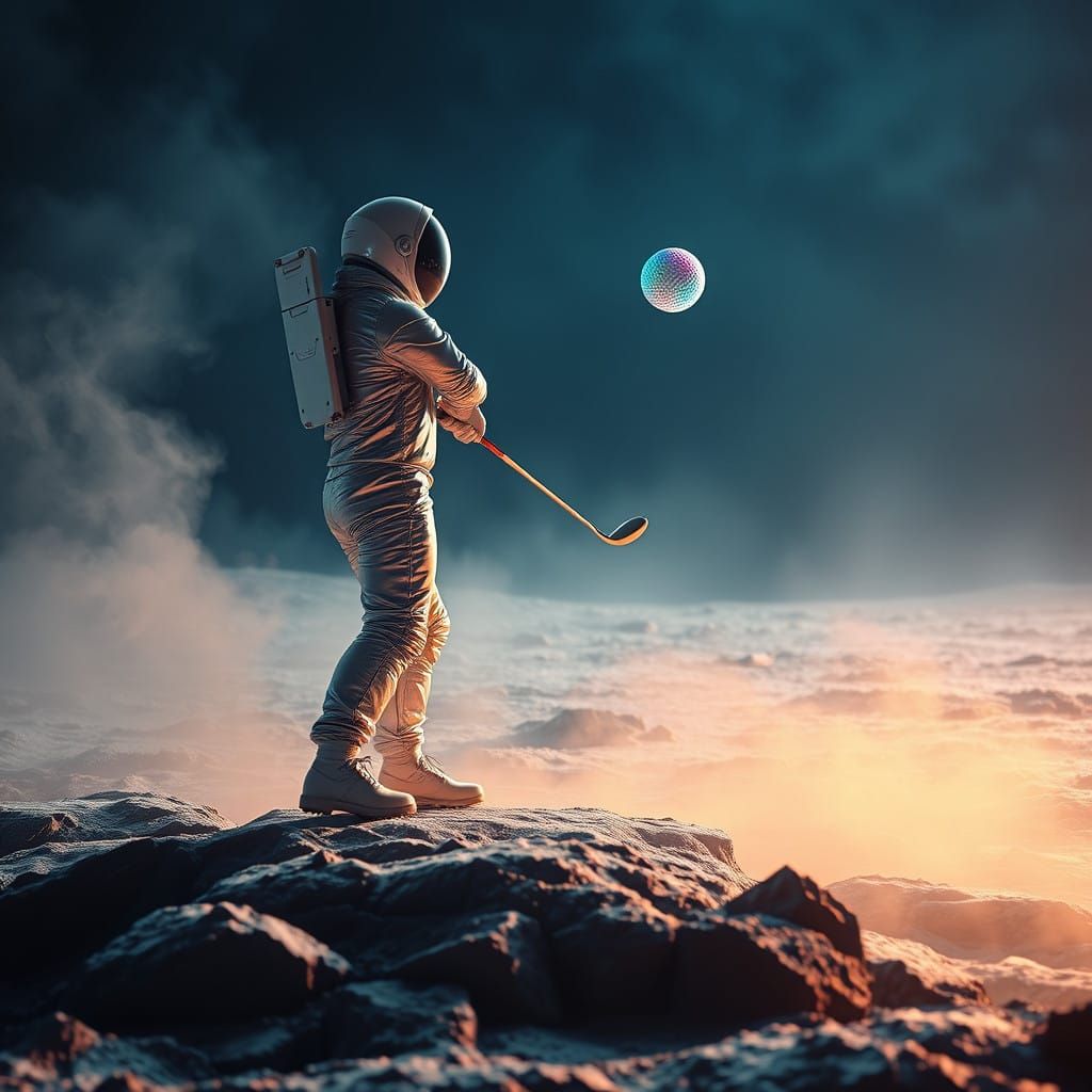 Astronaut Tees Off on the Moon's Futuristic Landscape