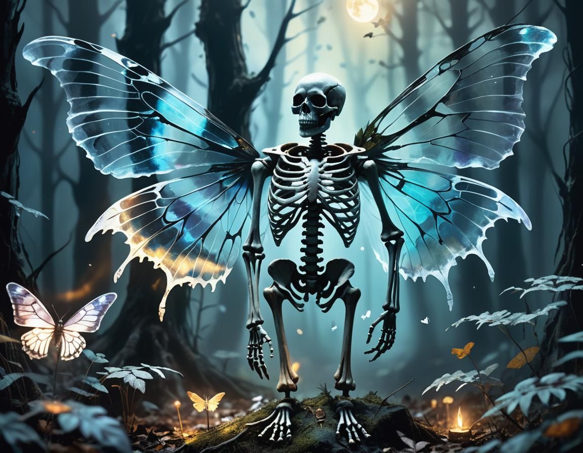 Eerie Skeleton Grasps Butterfly Wings in Dark Forest
