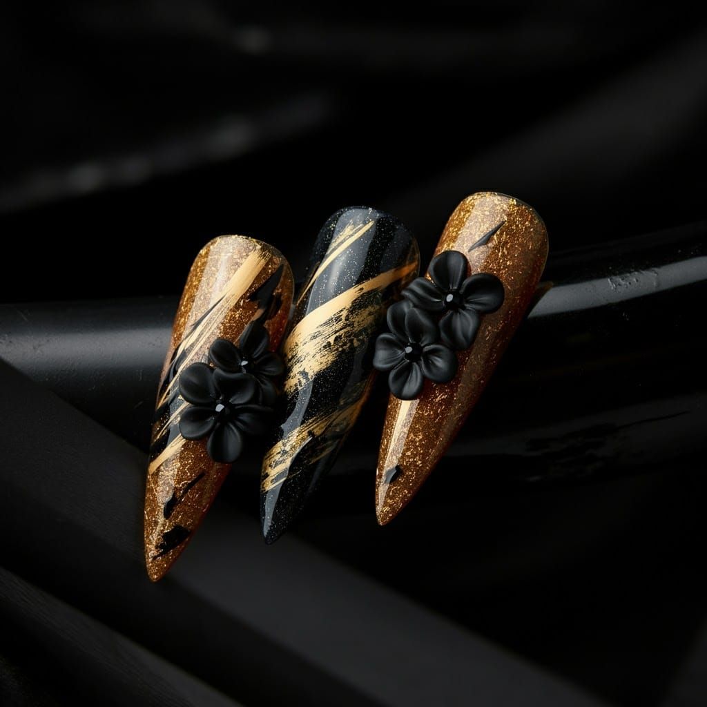 Bold Abstract Nail Art with Gold Glitter and 3D Flowers