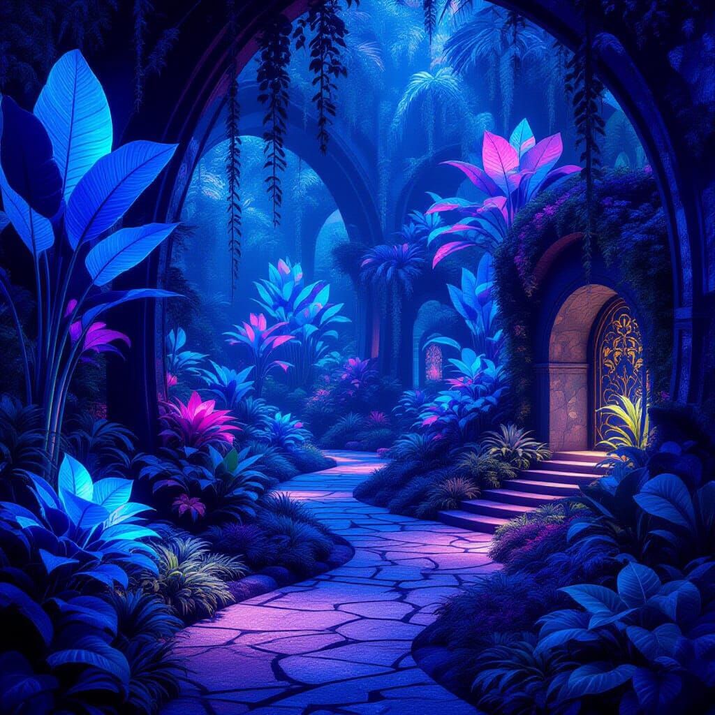 Bioluminescent Garden Inspired by Coral Reef, Art Nouveau St...
