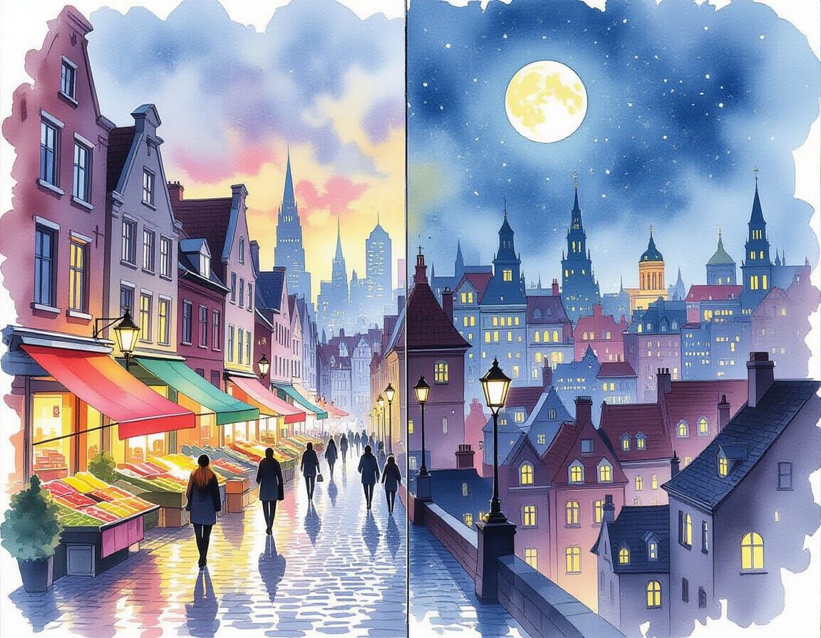 Vibrant Watercolour Skyline: Day and Night