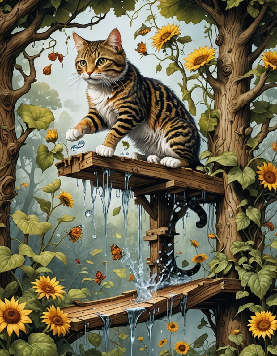 Cat Jumping from Treehouse in Enchanting Fairytale Illustrat...