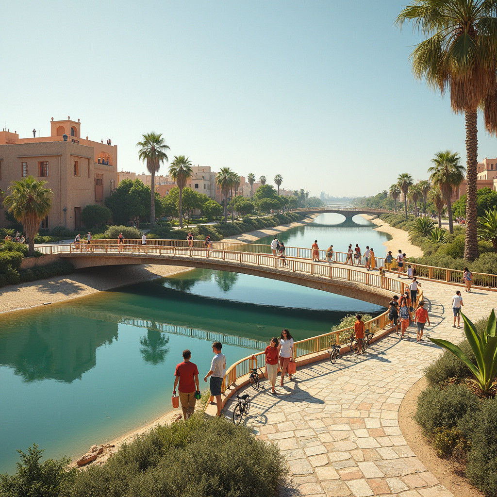 Vibrant Moroccan Bridge Scene in Naive Art Style