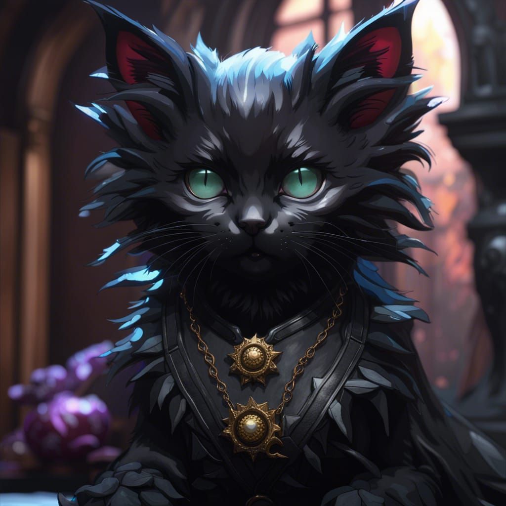 Gothic Black Kitten Portrait in Hyperdetailed Style