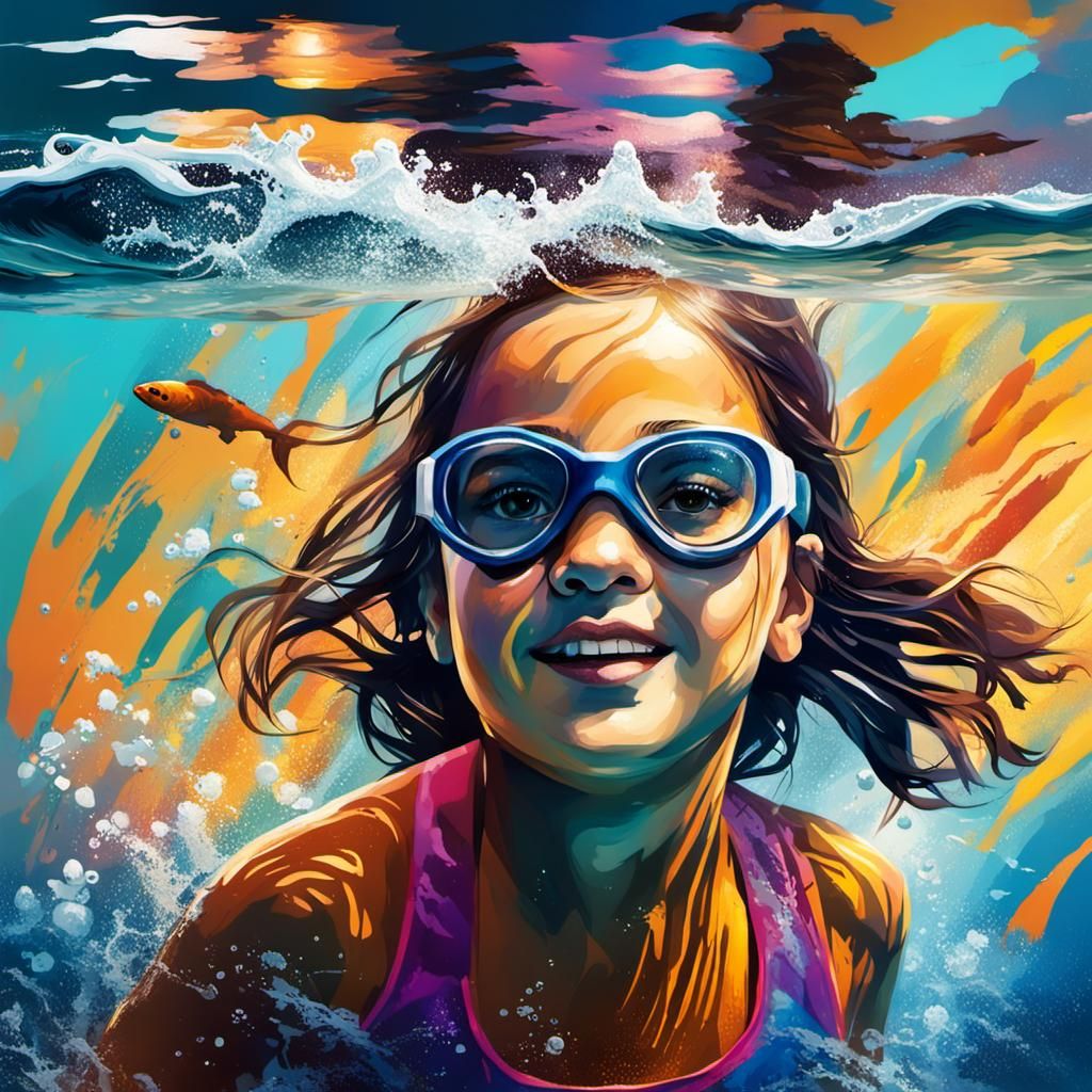 Little Girl Swimming in Sea: Hyperrealistic Splash Art