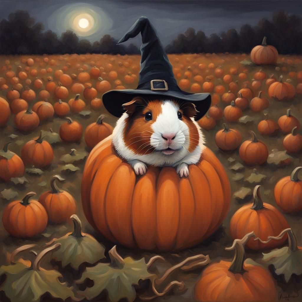 Whimsical Guinea Pig Witch in Pumpkin Patch Painting