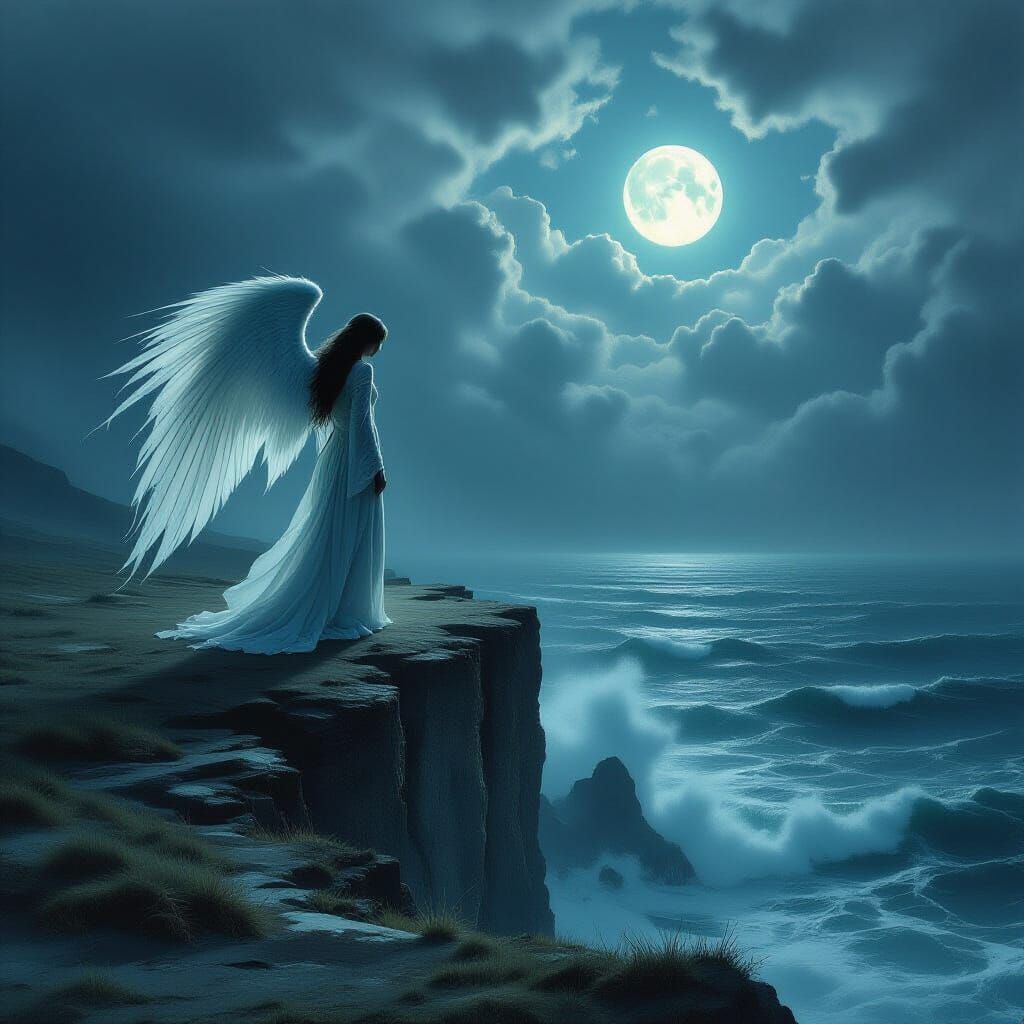 Ethereal Angel on Cliff Overlooking Stormy Sea