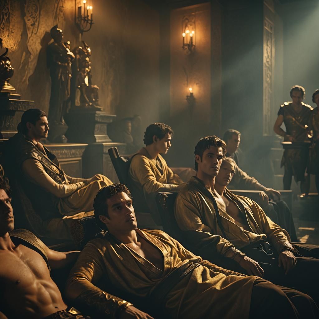 Immortals Lounging in Luxurious Chamber: Cinematic Still