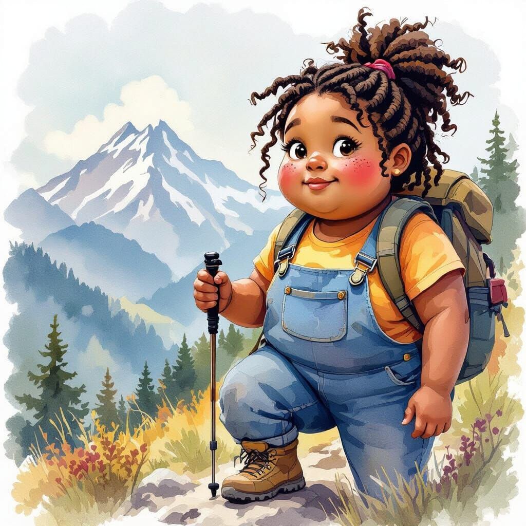 Watercolor Painting of Girl Hiking Up a Mountain