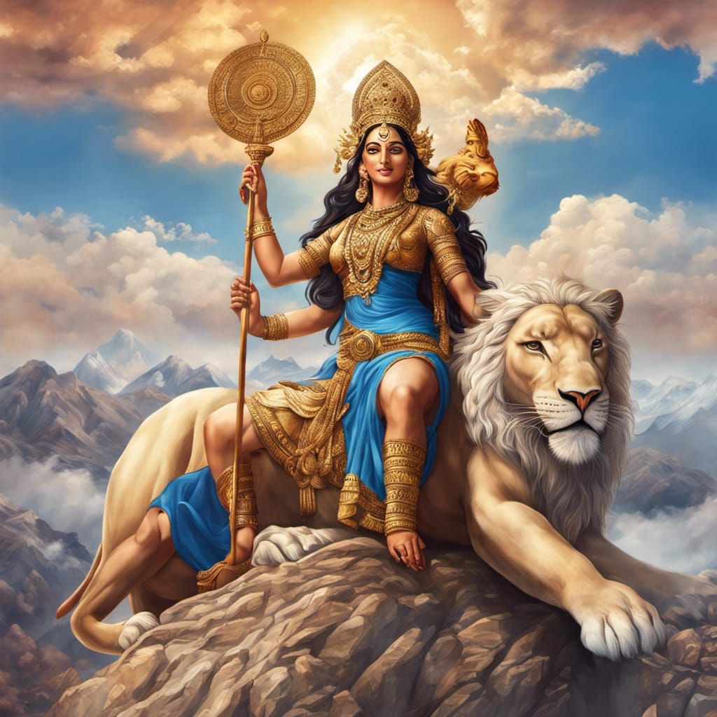 Durga Goddess on Lion in Mountain Landscape