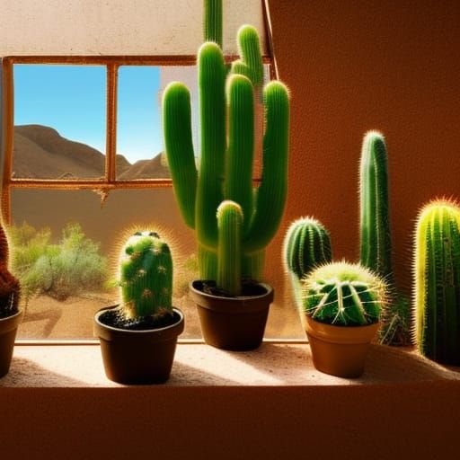 Cacti on Windowsill: Desert View in Digital Painting