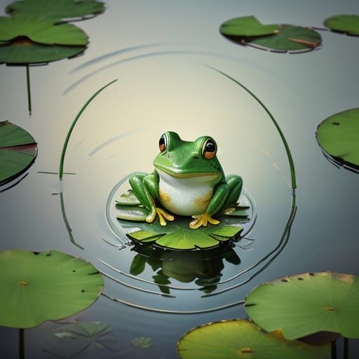 Watercolor Frog on Lotus Flower in Calm Pond