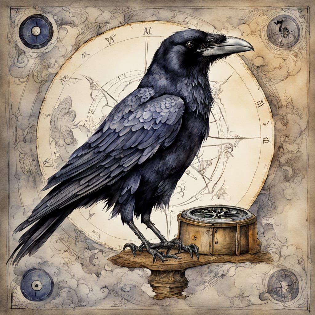 Raven Carries Compass in Watercolour Style