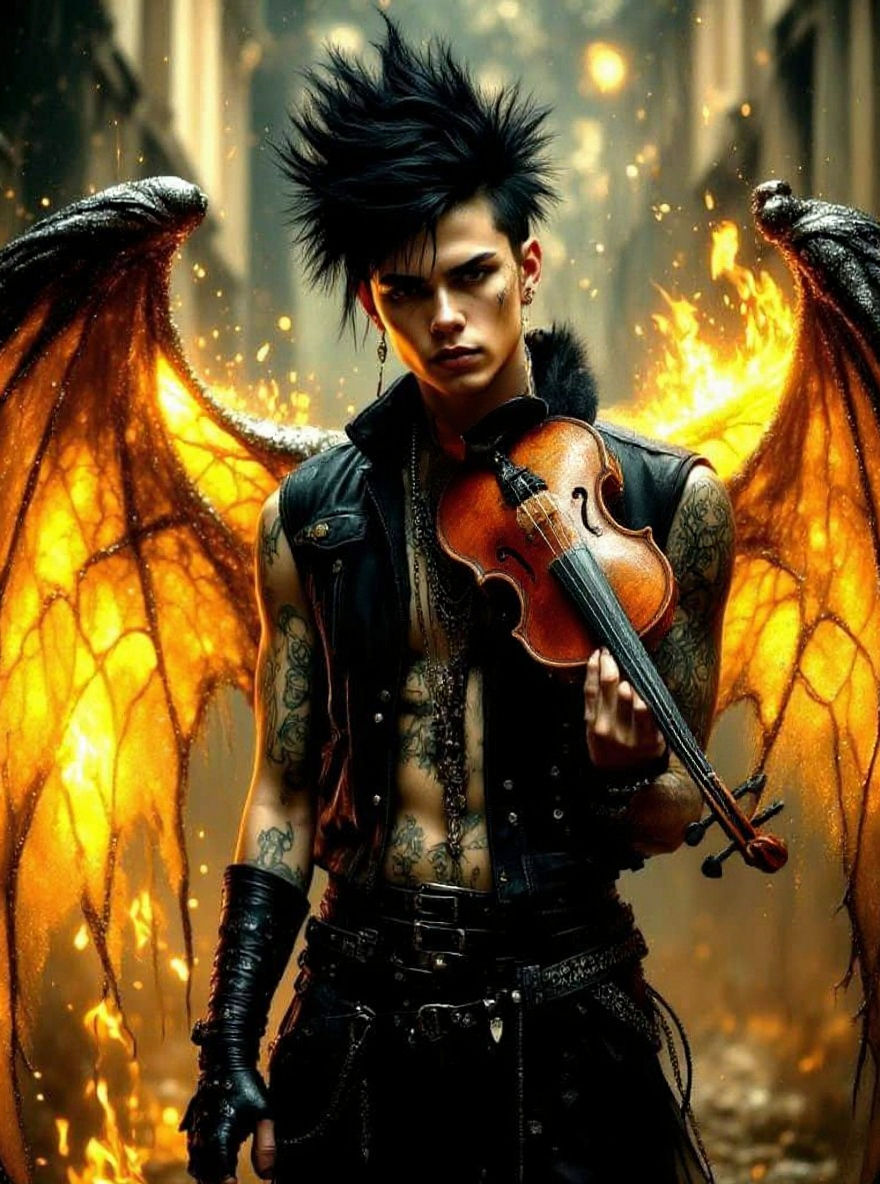 Burning Gothic Angel Playing Violin with Golden Wings