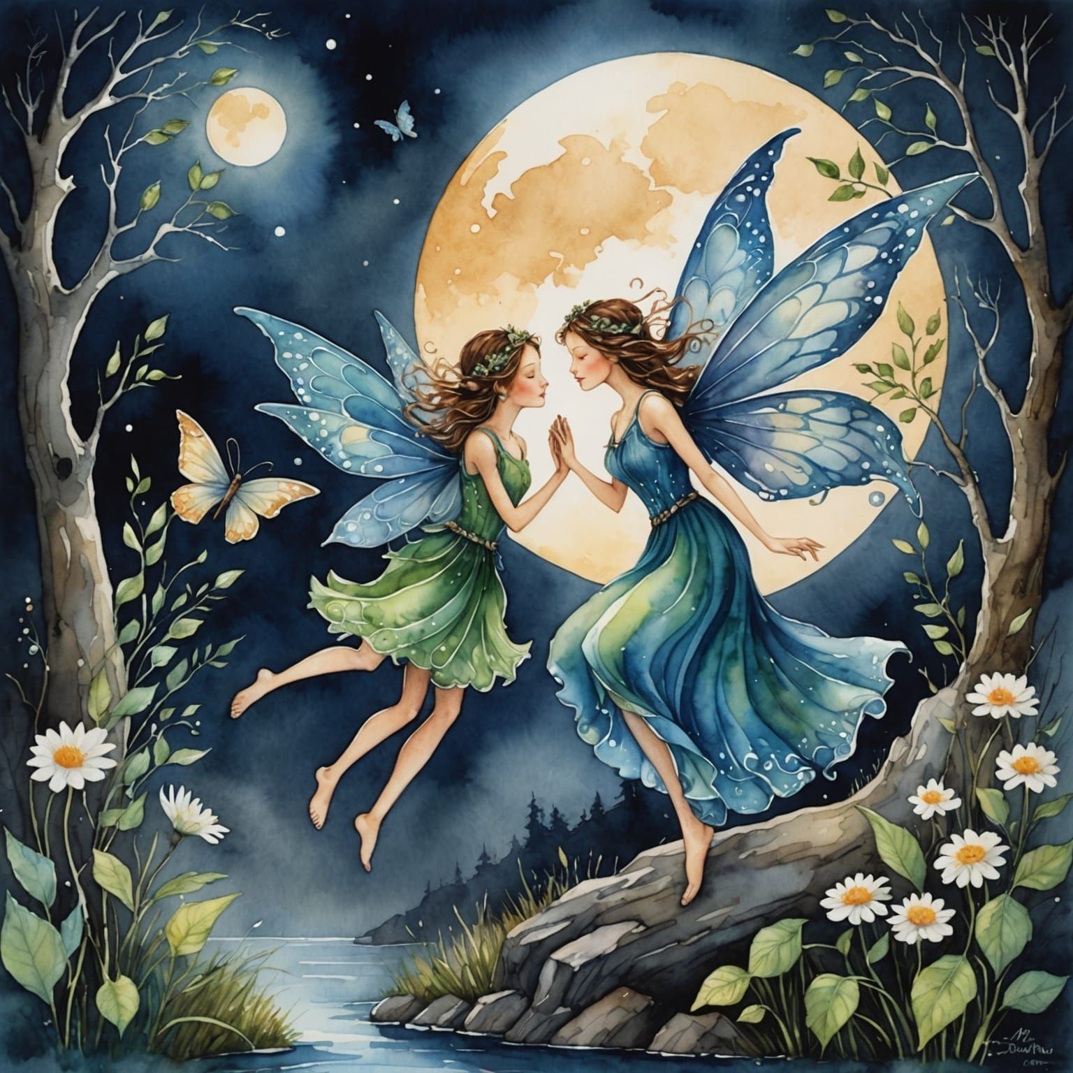 Enchanting Fairies in Moonlight: Watercolor Fantasy Art