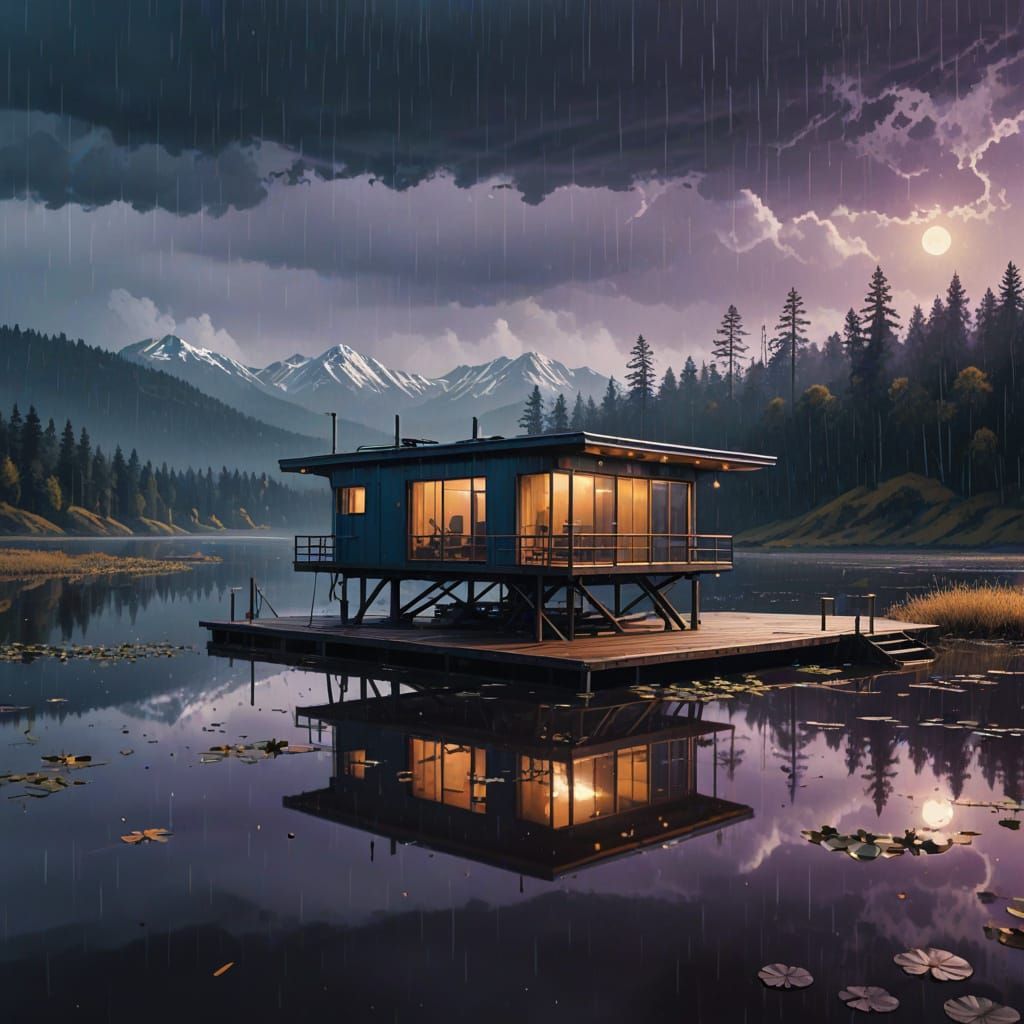 Futuristic Cabin Amidst Lotus-Filled Lake in Heavy Rain