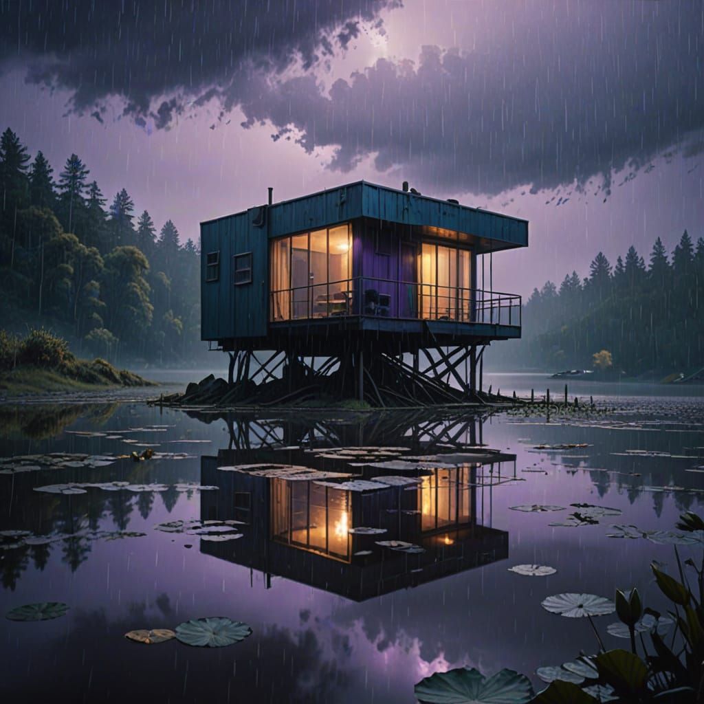 Cinematic Futuristic Retreat Amidst Turbulent Lake