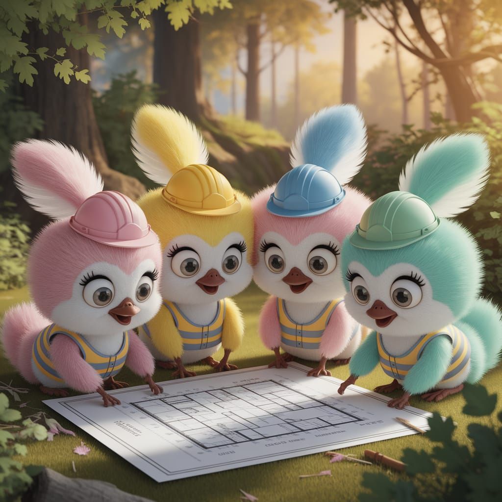 Whimsical Team of Feathered Creatures in Forest Glade