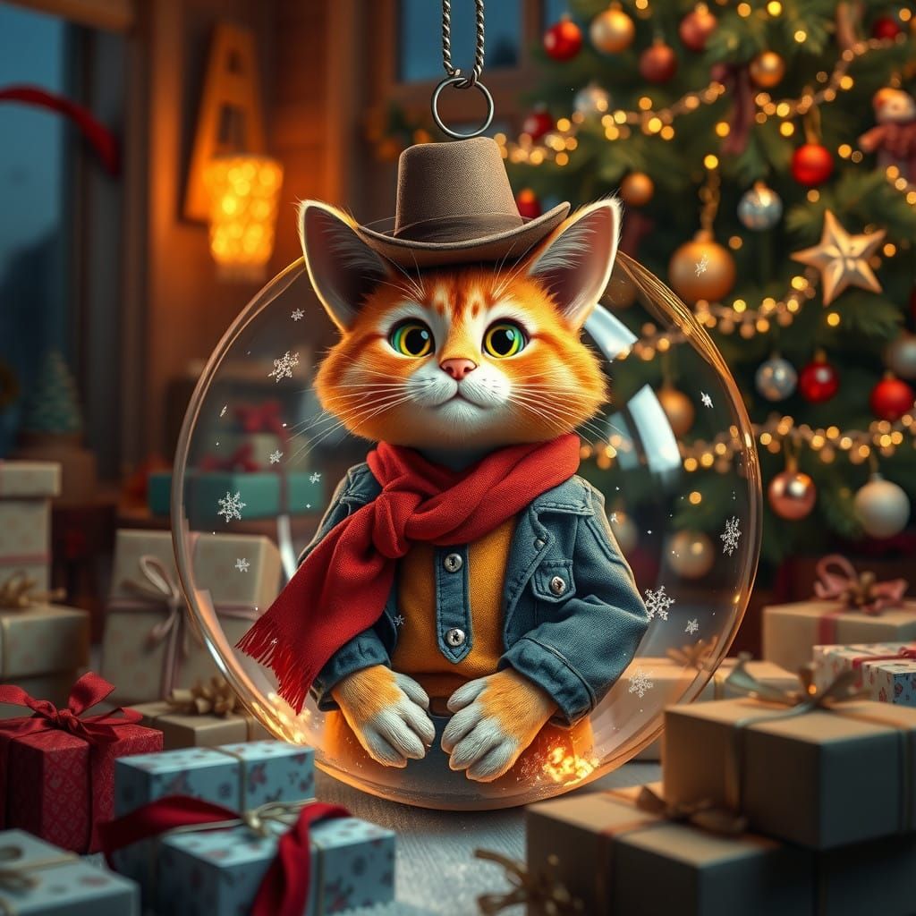 Vibrant 3D Cat in Cowboy Outfit Amidst Christmas Magic