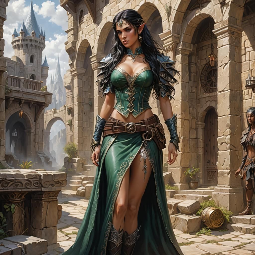 (Desiree Diaz), Elf, fantasy dungeons and dragons, insanely detailed full body photo by Jose Royo, beautiful young dark-...