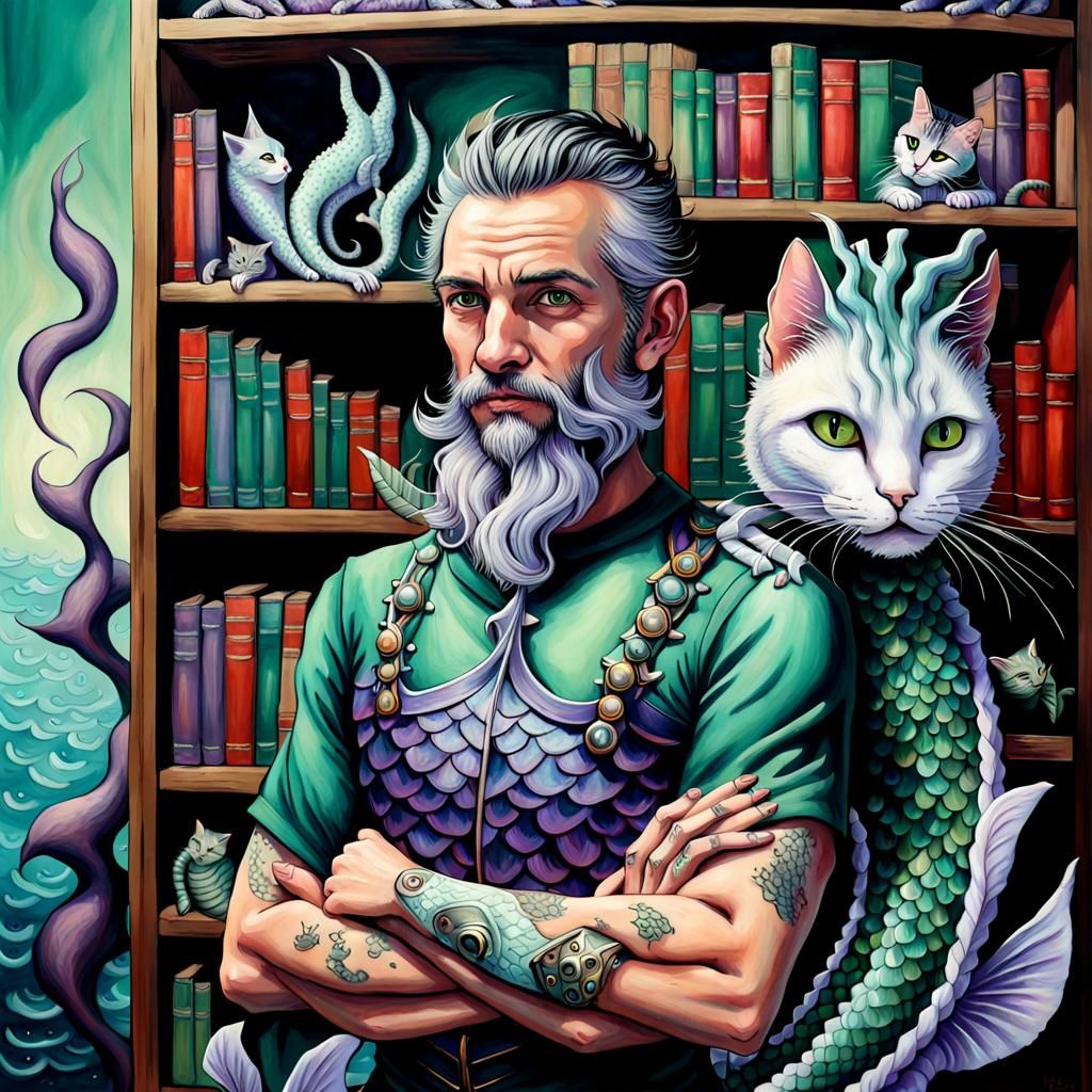 Seaman Merfolk Portrait with Mercat in Library