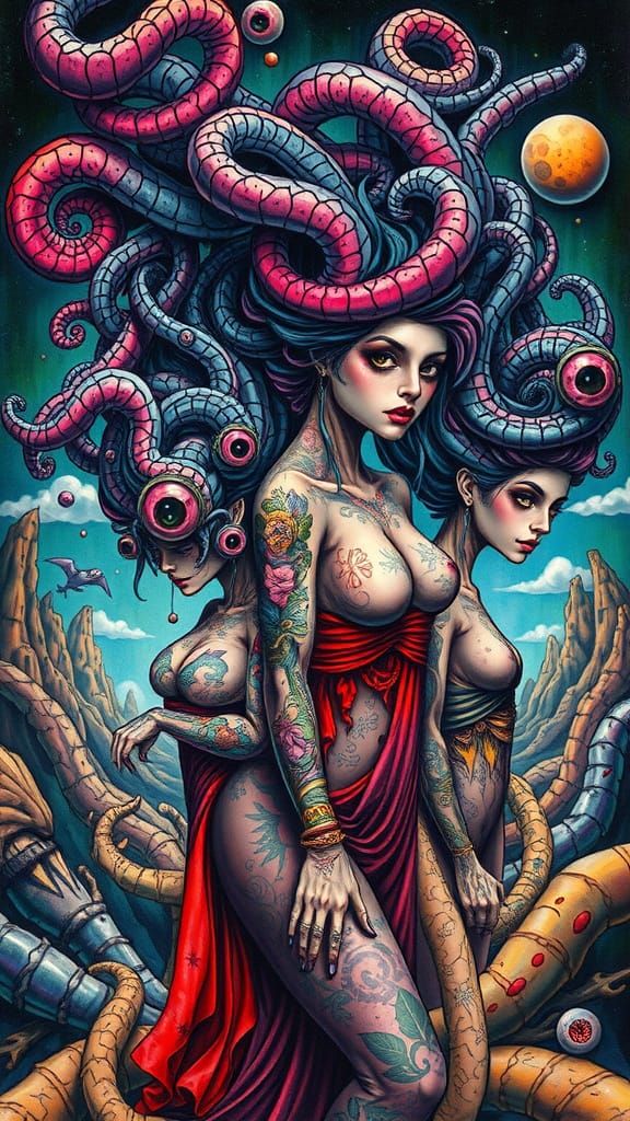 Surreal Sisters Explore Alien World in Impasto Ink Painting