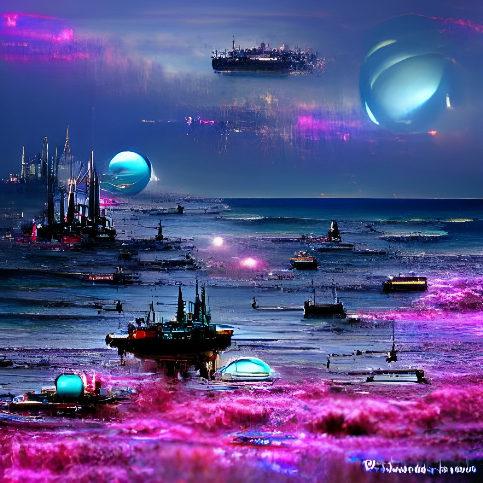 Cyberpunk Ocean View of Distant Galaxies