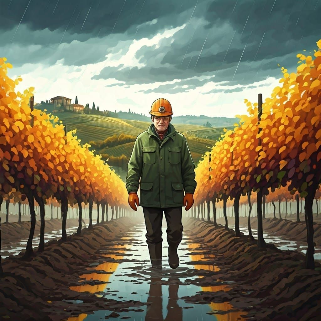 Geologist Walks Through Rainy Vineyard, Watercolor Style