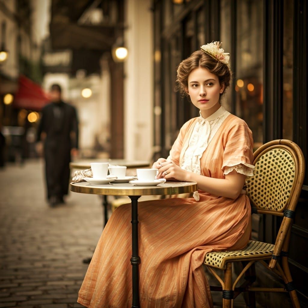 Vintage Parisian Cafe Scene with Elegant Woman