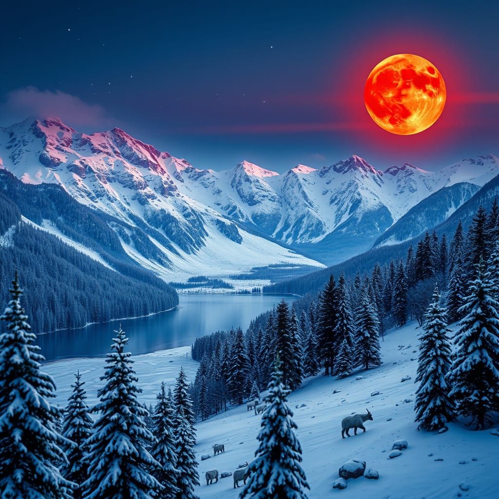 Serene Snowy Mountain Landscape at Dusk with Red Moon