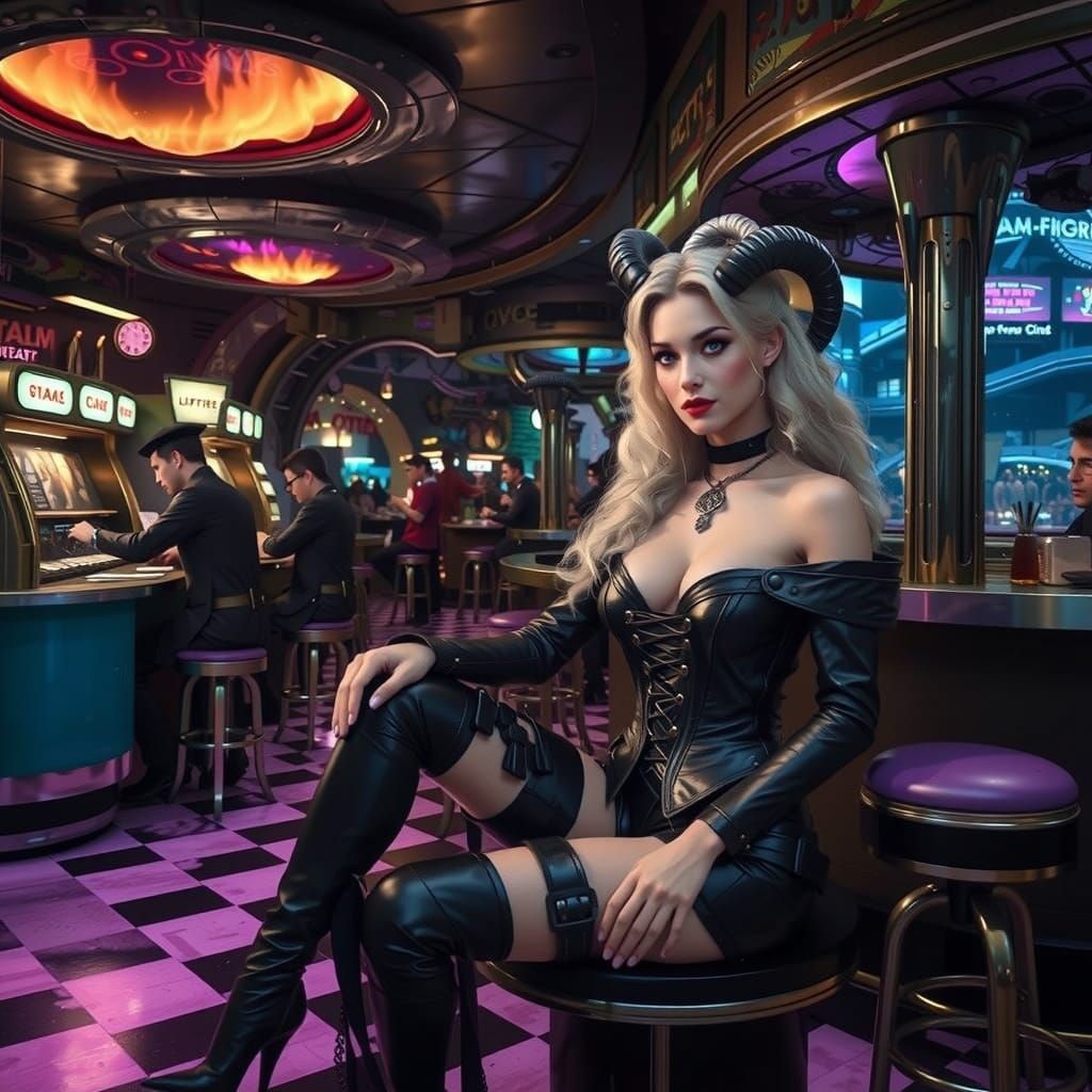 Vibrant Retro Diner Scene Transforms into Dark Goddess Sanct...