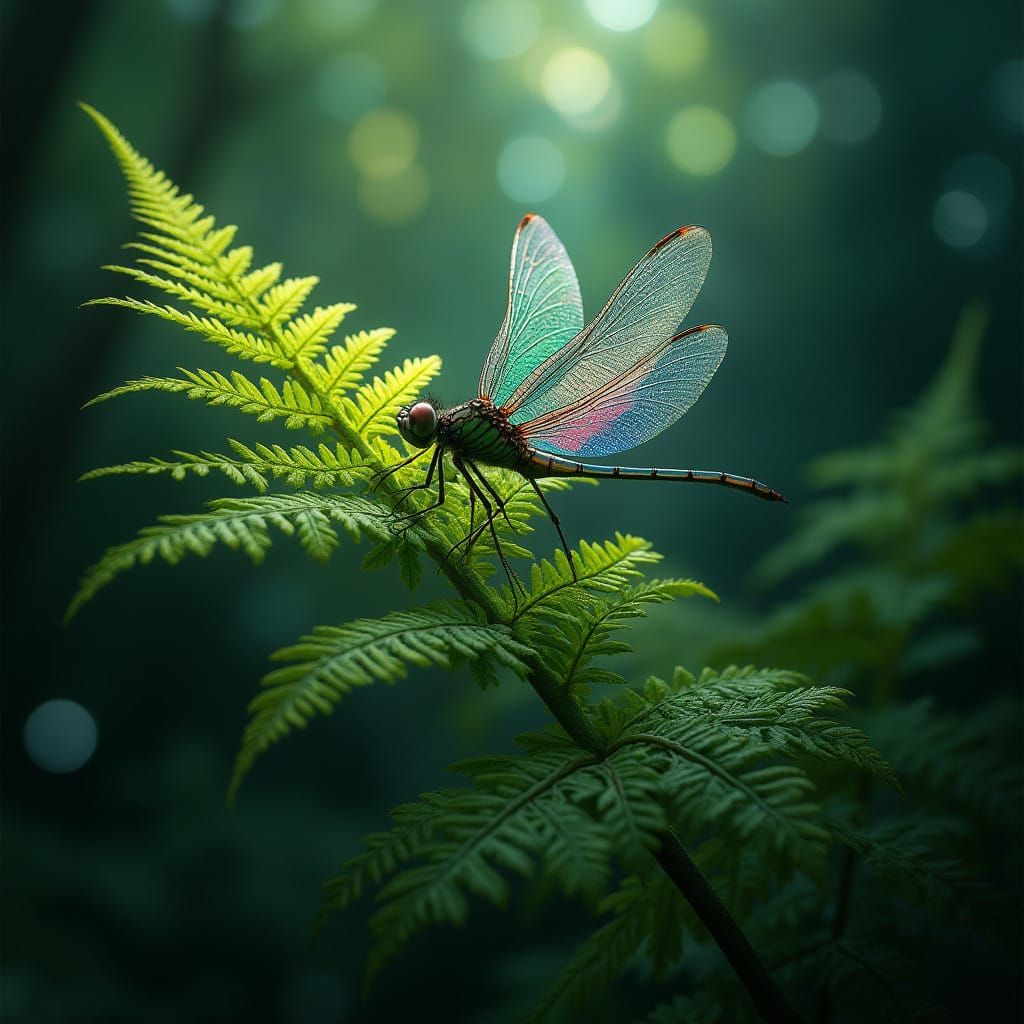 Dragonfly Amidst Majestic Fern Fronds, Dappled Emerald Light