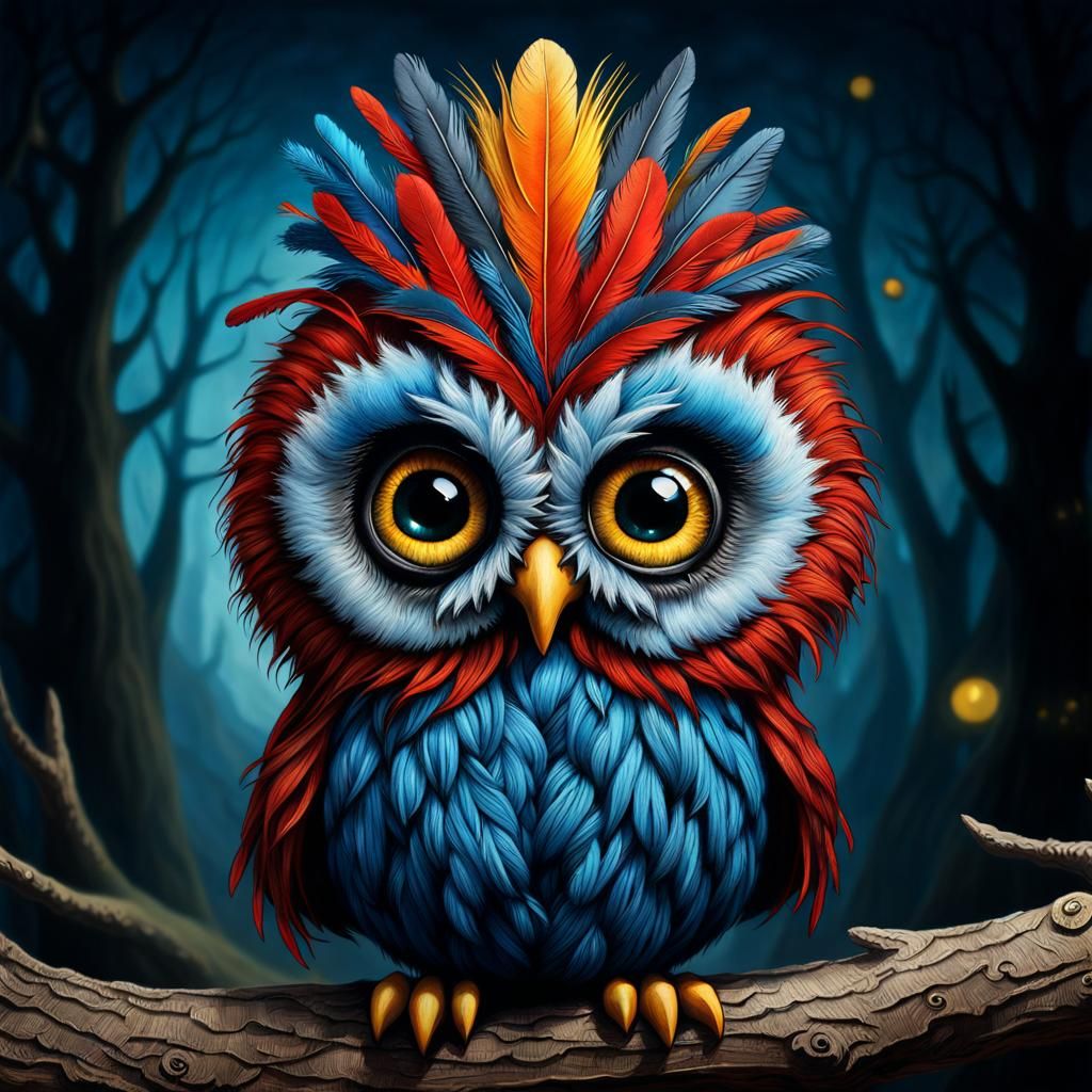 Googly-Eyed Baby Owl in a Whimsical Fairytale Scene