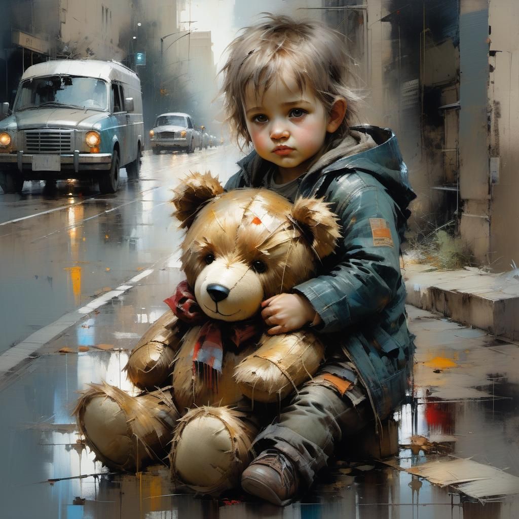 Homeless Toddler with Teddy Bear: Fine Art