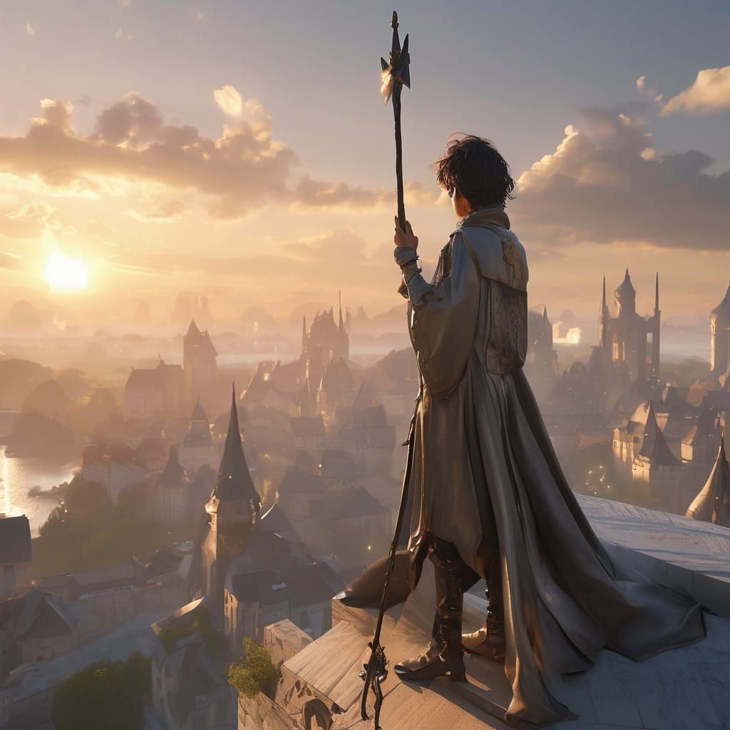 Young Knight Overlooking Fantasy City at Sunset