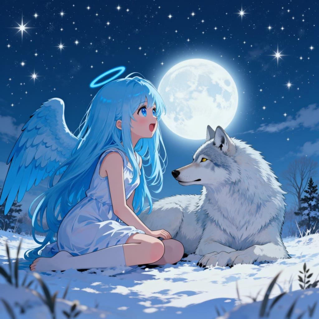 Angel and Wolf in Snowy Night Landscape as Anime Art