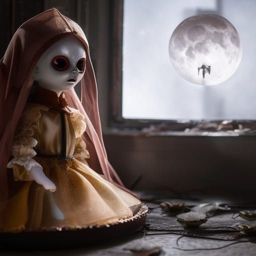 Eerie Haunted Doll in Dilapidated Room, Surreal Horror