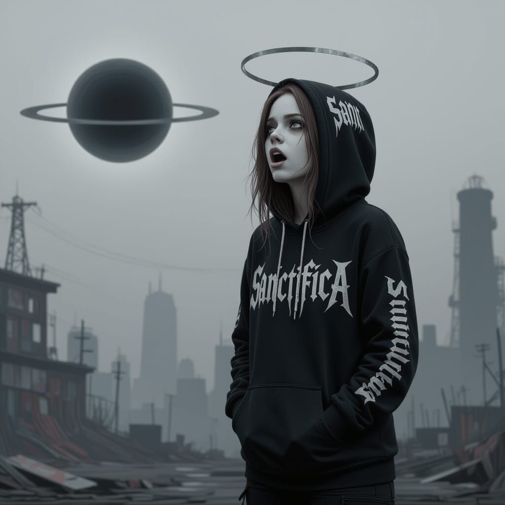 Emo Girl with Halo in Dystopian Landscape