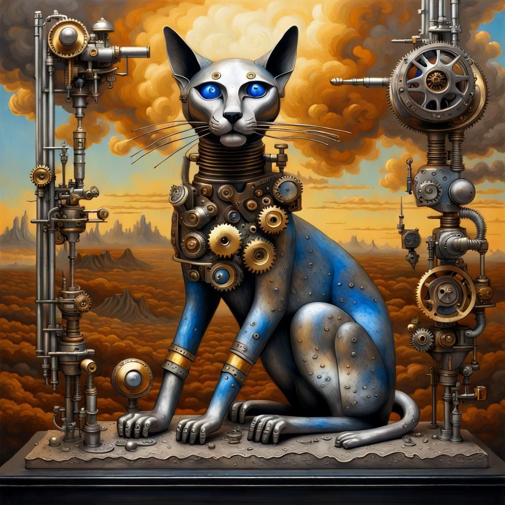 Steampunk Atomic Bastet Sculpture in Social Realism Style