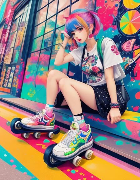 Girl on Skateboard in Flat Cartoon Style