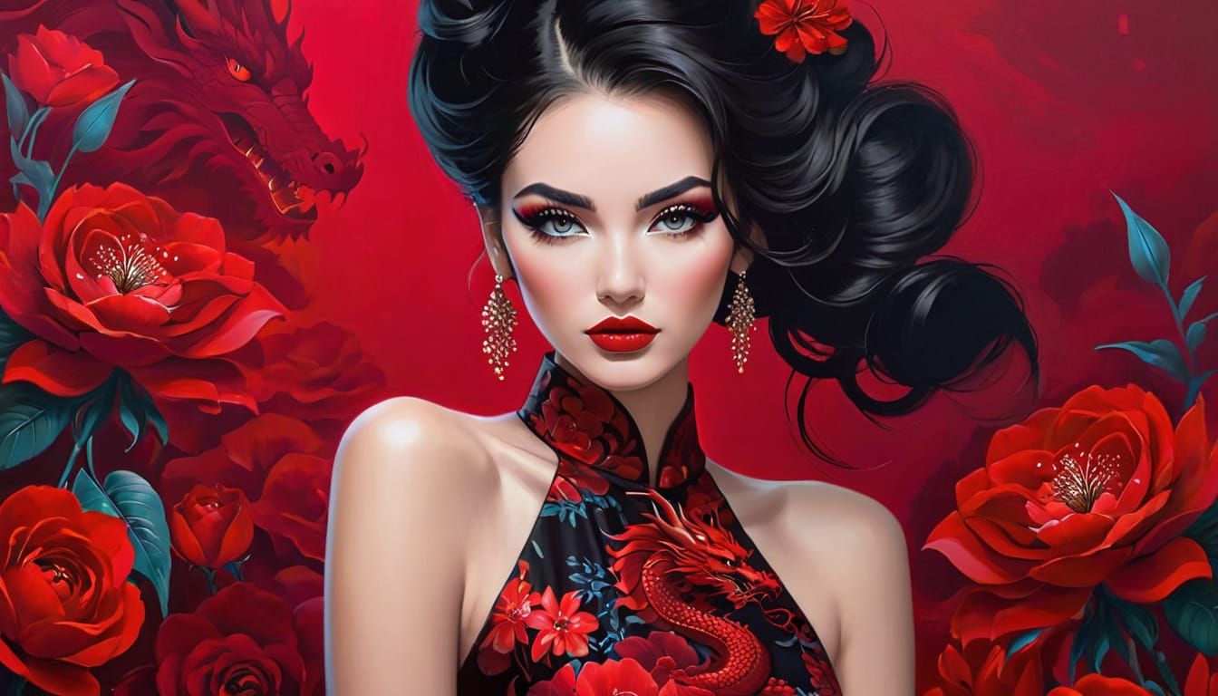 Woman with Dragon Tattoo and Red Flower in Glitchcore Style