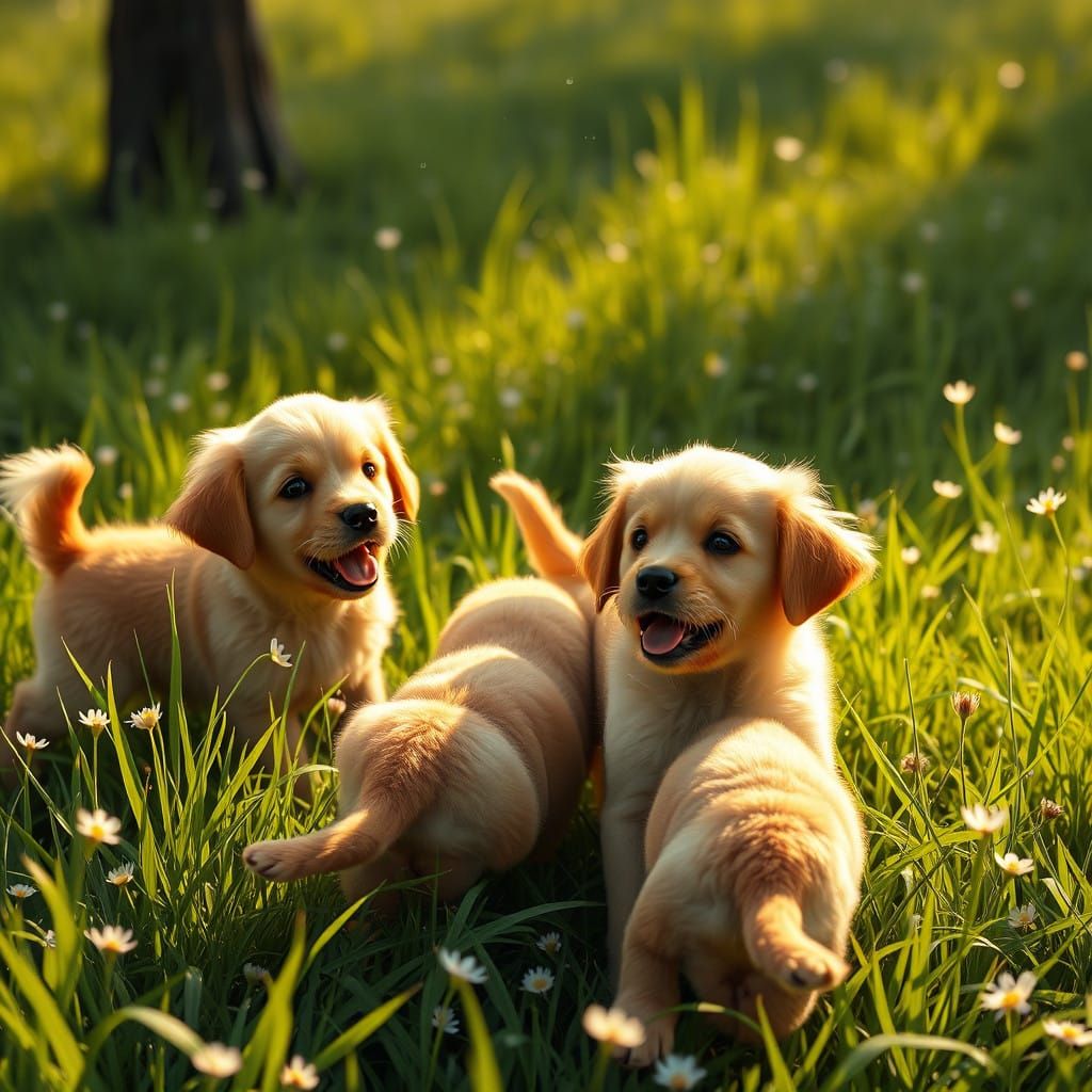 Whimsical Golden Retriever Puppies in a Vibrant Meadow