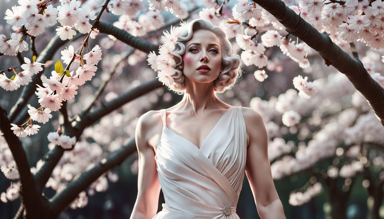 Hyperrealistic Woman in Cherry Blossom Shower