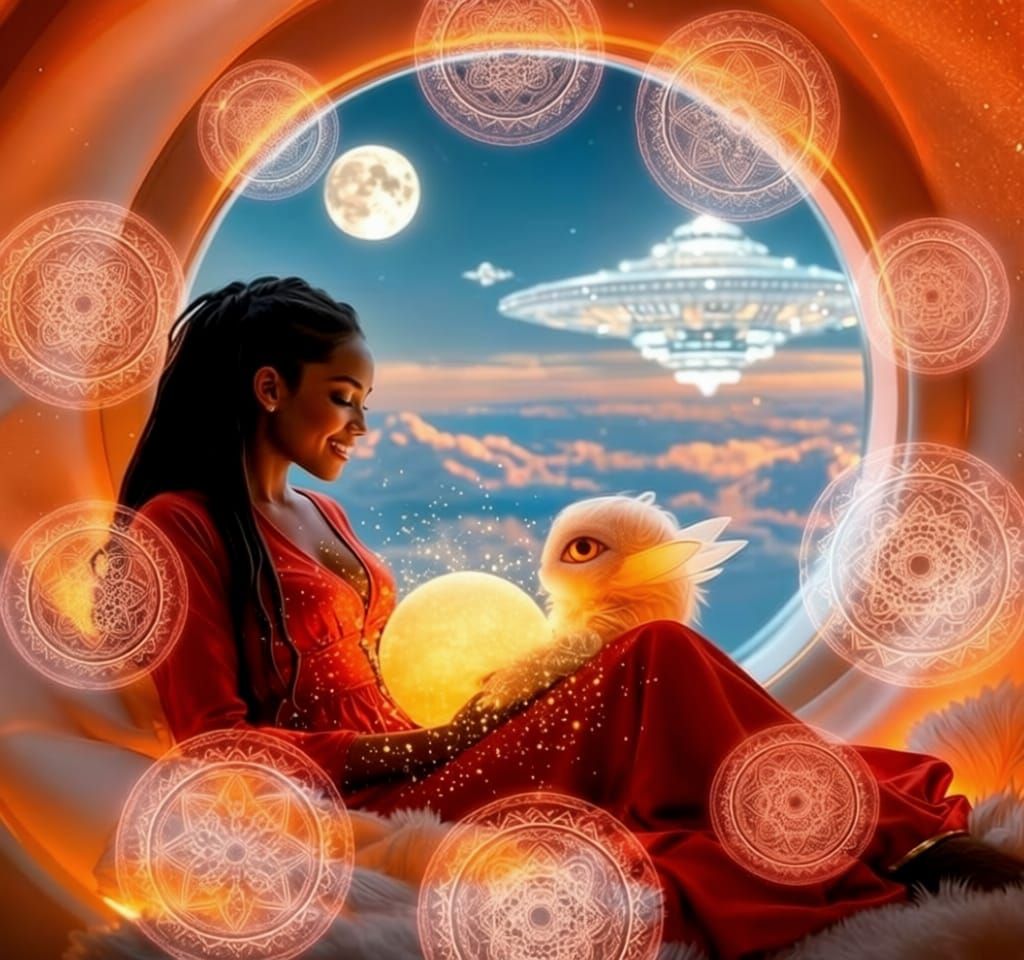 Fluffy Creature's Amber Eye on Woman's Lap