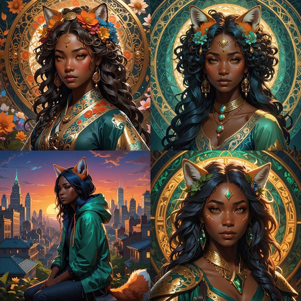African American Teenage Kitsune Girl in Hyperdetailed Conce...