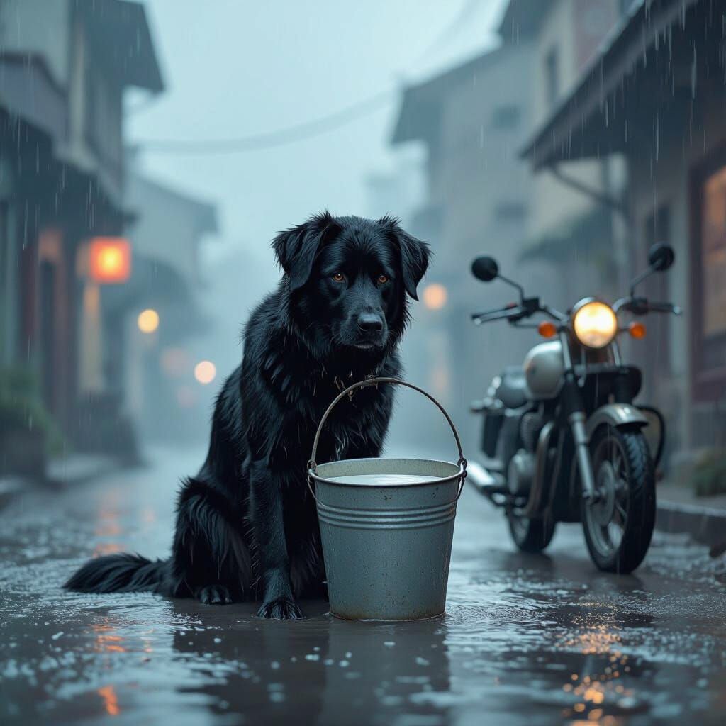 Brave Black Dog Lifts Milk Bucket in Rain
