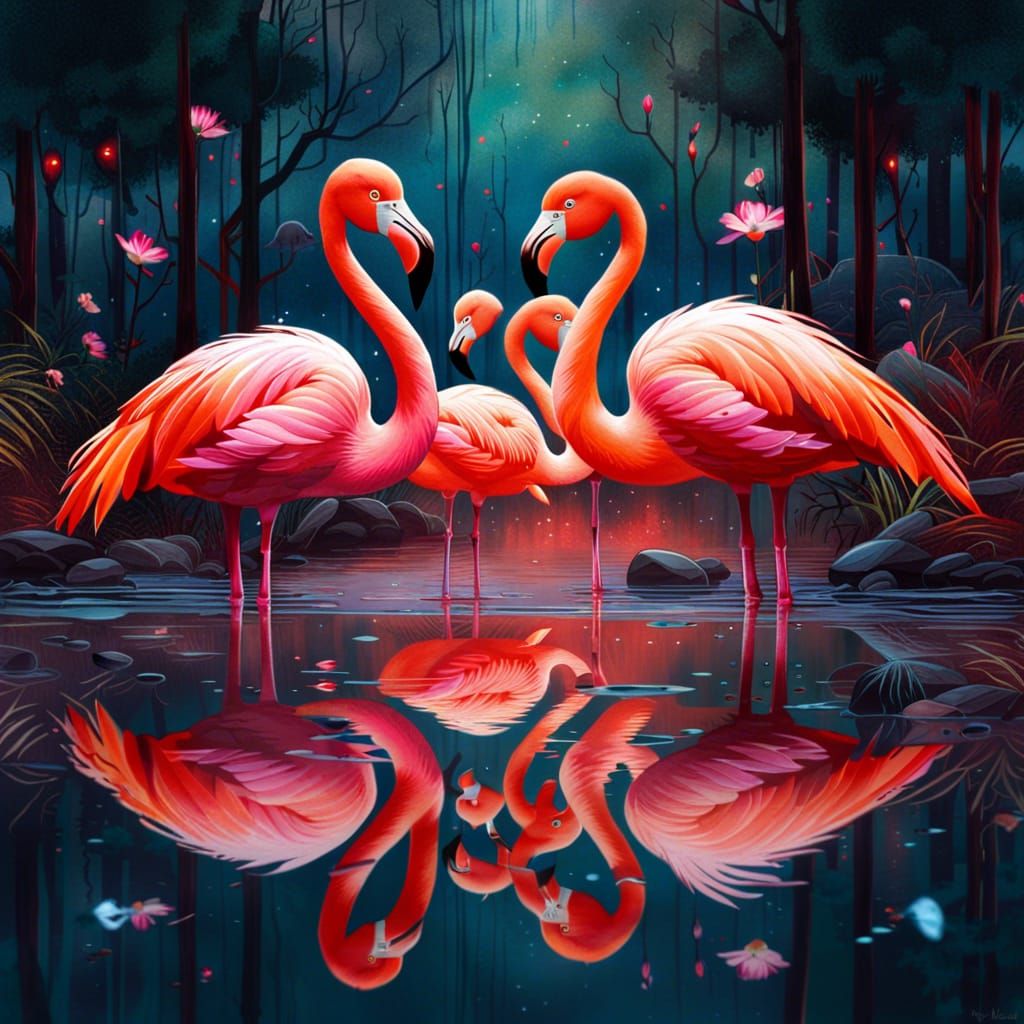 Flamingo Reflection in Watercolor Style