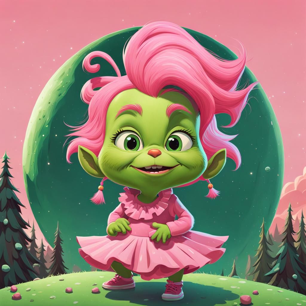 a toddler female grinch, green skin with pink head hair, wearing a ruffled pink dress, laughing, very expressive, Whimsi...