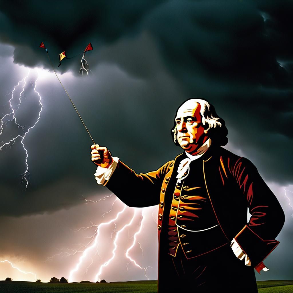 Benjamin Franklin's Kite Experiment in Hyperrealistic Style